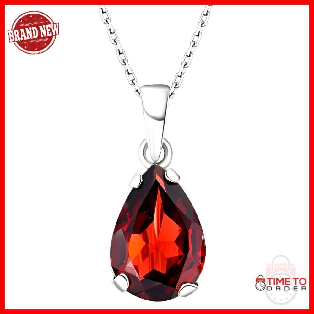 Sterling Silver Garnet Teardrop Pendant Necklace, Minimalist Chain, 45cm